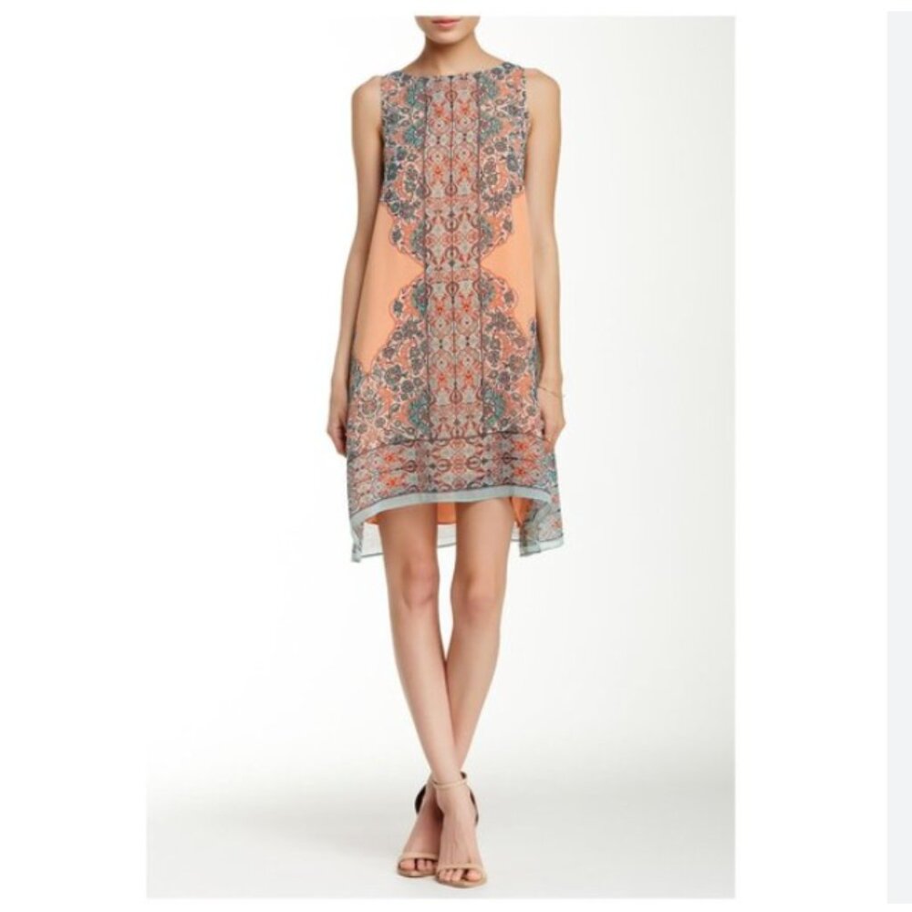 Max Studio Peach and Teal Printed Sleeveless Shift Dress